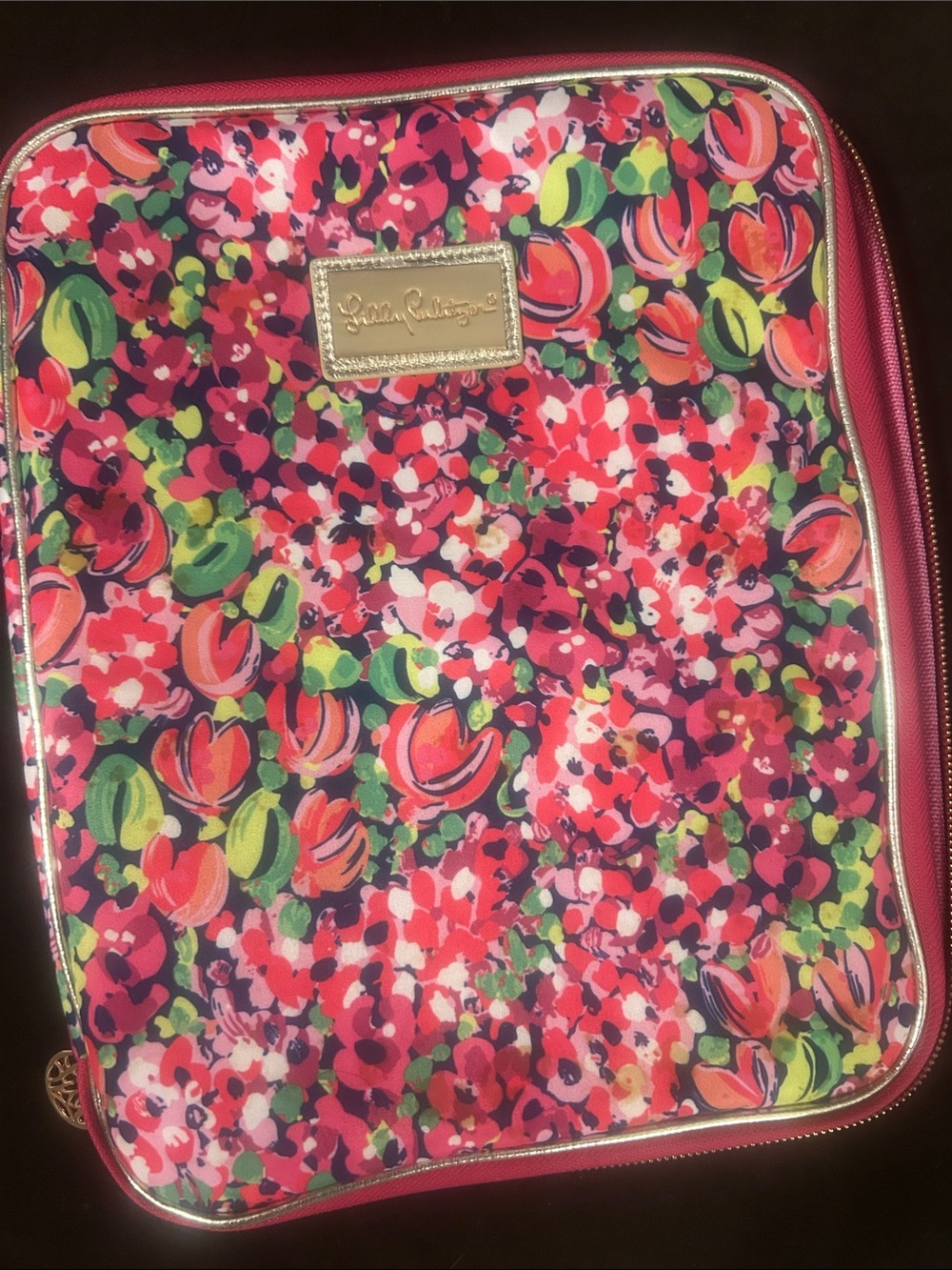 Lilly Pulitzer Pink Green Floral Laptop Sleeve with Gold Logo
